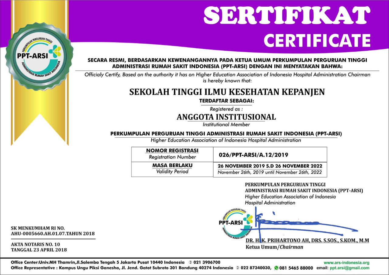 STIKes Kepanjen terdaftar sebagai Anggota Institusional Perkumpulan Perguruan Tinggi Administrasi Rumah Sakit Indonesia (PPT-ARSI)